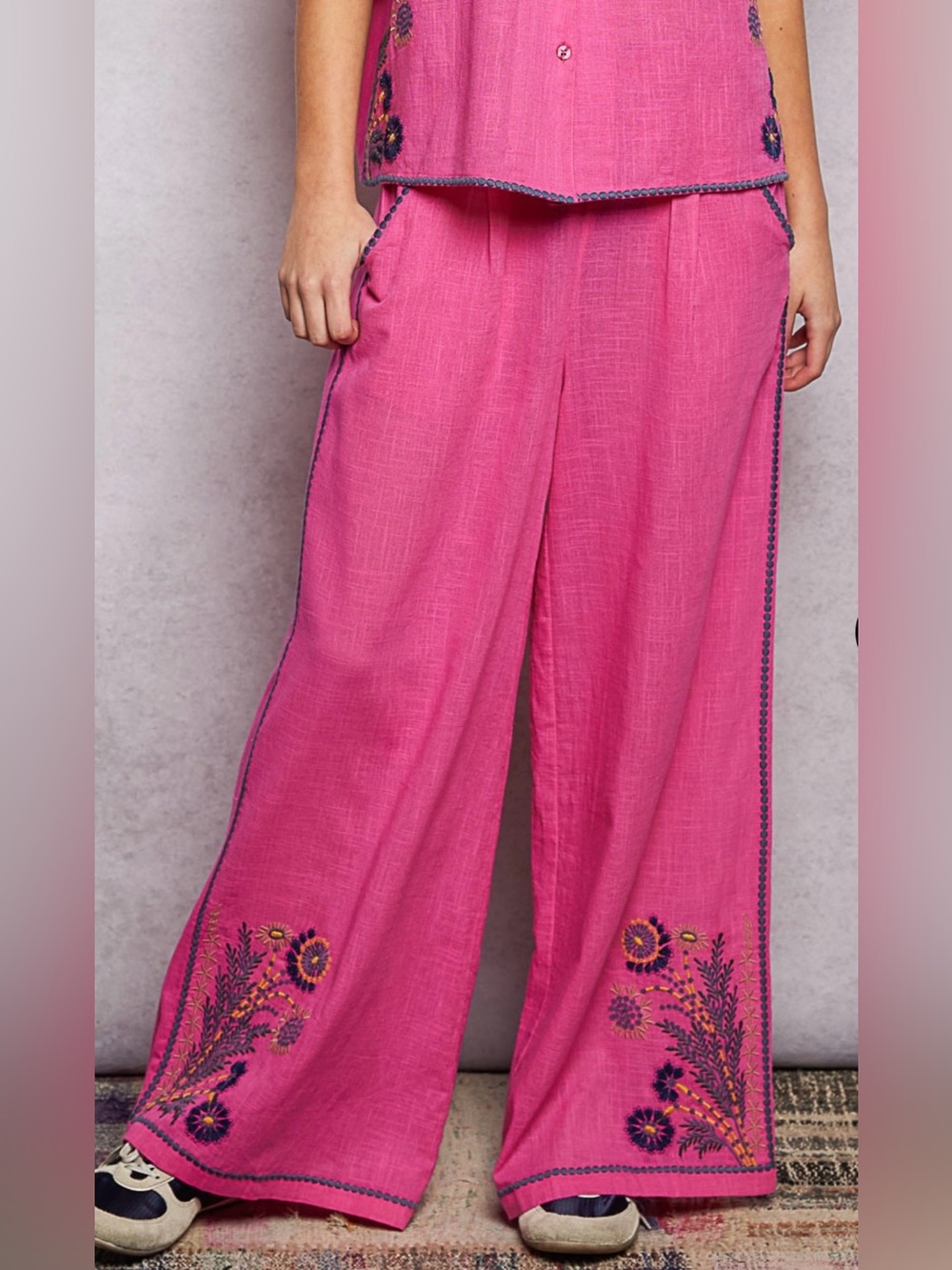 POL Hot Pink Wide-Leg Embroidered Pants